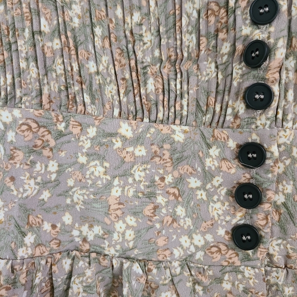 Simplee Retro pleated v-neck buttons A-line floral dress Large Sage/Tan - Picture 5 of 6